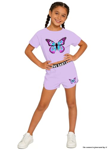 Image of Betusline Girls Summer 2 Piece Outfits,Kids Short Sleeve Crop Top & Shorts Set with Side Pockets