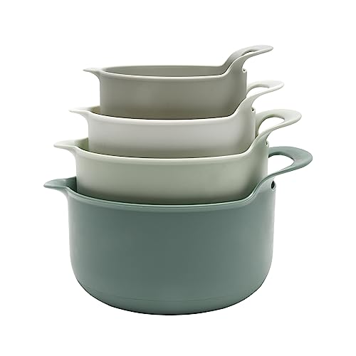 COOK WITH COLOR Nesting Plastic Mixing Bowl Set with Pour Spouts and Handles, Sage, 4 Piece Non-Slip