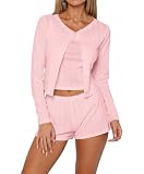 REVETRO Pajamas for Women Sets Cardigan and Shorts Spring Knit Print 3-Piece Cute Pjs Soft Long Sleeve Lounge Sets Pink S