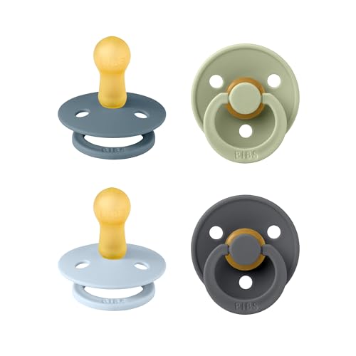Image of BIBS Pacifiers - Colour 4-Pack | BPA Free Baby Pacifier | Round Nipple Binkies | Natural Rubber Latex Soother | Made in Denmark | Size 6-18 Months | Baby Blue Mix