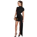 JUMISEE Women’s Elegant Irregular Ruched Mini Dress Flowy Ribbon Bodycon Cocktail Dress Sexy Pleated Formal Dresses Black