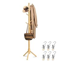 Wooden Coat Stand with Hooks – Solid Pine Freestanding Hat Rack with Stainless Steel Clips, 8 Hooks – Modern Clothes Hanger for Bedroom, Entryway, Office