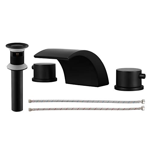 Airuida Waterfall Widespread Bathroom Sink Faucet Matte Black Deck Mounted with Pop Up Drain 8-16 Inch Double Handles 3 Holes Commercial