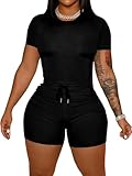 HBQ Women 2 Piece Outfits Summer Sweatsuits Track Suits Crop Tops Biker Short Workout Jogger Sets Black M