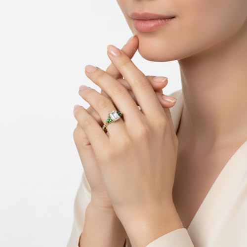 Image of Choose Your Gemstone Emerald Cut Petite Cathedral Diamond CZ Ring Yellow Gold Plated Emerald Shape Petite Engagement Rings for Women, Girls and Ladies US Size 4 to 12