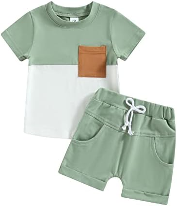 allshope Toddler Baby Boy Summer Clothes Short Sleeve Contrast Color Pocket T-Shirt Tops Solid Color Drawstring Shorts Outfit Set (Green, 18-24 Months)