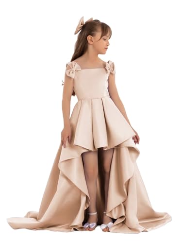 Satin Pageant Dresses for Girls High Low Flower Girl Dress with Bow Sleeveless Junior Bridesmaid Party Formal Gown