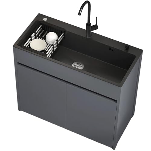Lavabo Indipendente in Acciaio Inox con Rubinetto Estensibile e Tubi Dell'acqua Calda e Fredda, Lavello da Cucina con Armadio Contenitore e Scolapiatti per Esterni, Interni, 68 CM/80 CM