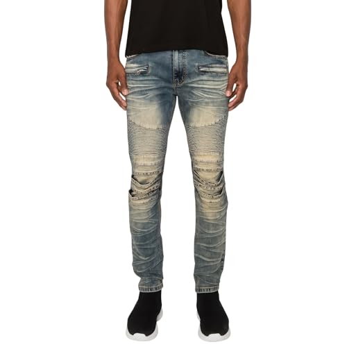 Men's Biker Denim Jeans, Sand Hill, Multiple Sizes, Cotton Spandex Blend, Skinny Fit, Creased Design