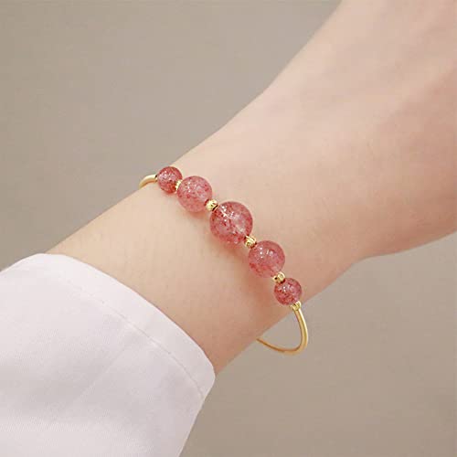 Miss Right Rose Quartz Amethyst Crystal Bangle Bracelet Aesthetic, Women Girls 14K Gold Plated Healing Beaded Chakra Protection Jewelry Bracelet (Rose Strawberry Quartz) #TOP1