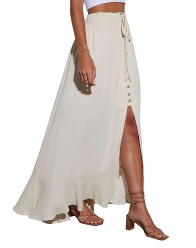 Orchidays Women's Maxi Skirt Flowy Summer Long Skirts Tie Elastic Waist Button Up Slit Front Dresses2
