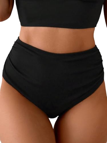 GORGLITTER Damen Bikinihose Hohe Taille Bikini Unterteil Tanga Bikini Bottom Sommer Bikinislip Sport Stil Urlaub Outfit Schwarz Einfarbig S