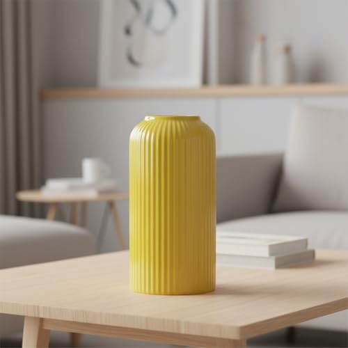 Image of Yellow Ribbed Ceramic Flower Vase 6 Inch Matte Pampas Grass & Dried Flower Vase for Home & Office Table Decor Decorative Centerpiece Gift - Vase Only