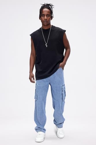 GINGTTO Mens Cargo Jeans Baggy Stretch with Pockets Blue Denim Cargo Pants for Men Boot Cut Hip Hop 342