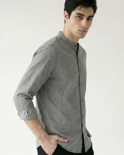 Image of Amazon Brand - INKAST Men Washed Cotton Twill Denim Casual Button Down Shirt | Mandarin Collar | Full Sleeves | Regular Fit | Stylish Summer - Everyday Wear