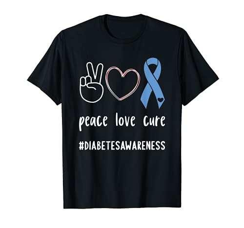 Peace Love Cure Diabetic Blue Ribbon T1D Diabetes Awareness T-Shirt