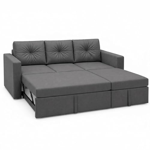 Image of FURNY Tira 4 Seater RHS Lounger Sofa Cum Bed (Dark Gray) with Pull-Out Function | Luxury Velvet Suede Finish | Durable Comfort | Ideal for Living Room