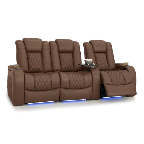Image of Seatcraft Diamante Tobacco Italian Leather Home Theater Seating, Zero Gravity Power Recliner Gaming and Home Office Chair Powered Headrest Lounge Sofa Furniture for Cinema Room Row of 3 Left Loveseats
