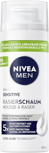 NIVEA MEN Sensitive Rasierschaum (50 ml), Rasierschaum für sensible Haut, schonender Rasierschaum für Männer mit Kamille, Provitamin B5 und Vitamin E