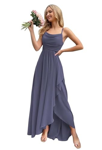 Women's Chiffon Bridesmaid Dresses Long with Slit A Line Formal Dress with Pockets VS085B