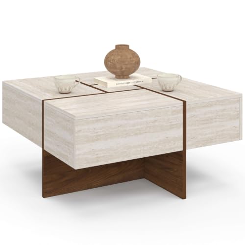 Table basse carrée TALIA 70 cm avec tiroirs bois effet noyer et plateau travertin - vue 6