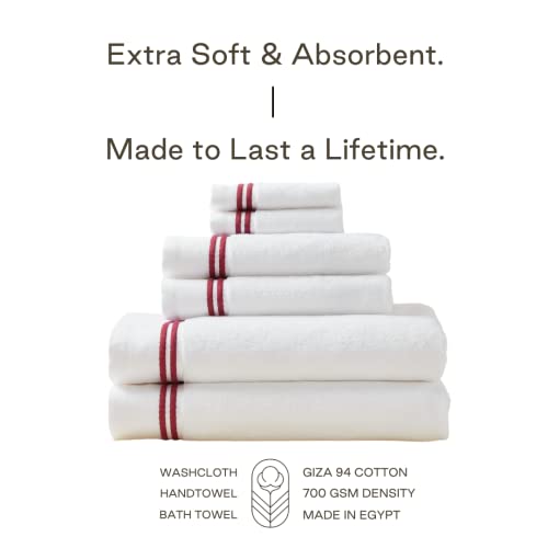 Malek Luxury Cotton Towel Set - 700 Gsm, 100% Cotton, Decorative Bathroom Towel Set, 2 Bath Towels, Hand Towels & Wash Cloths - Highly Durable, Soft & Absorbent - White With Double Red Stripe #TOP1