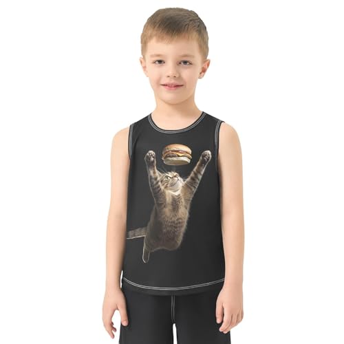Boys Tank Top Shirts Cat Hamburger Food Sleeveless T-Shirts Crew Neck for Kids Clothing Children2