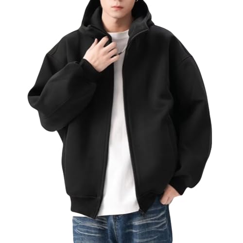 Mens Zip Up Hoodie Oversized Sweatshirt for Women Heavyweight Couple Hooded Sweatshirt With Pockets (US, Alpha, Large, Regular, Long, BLACK)