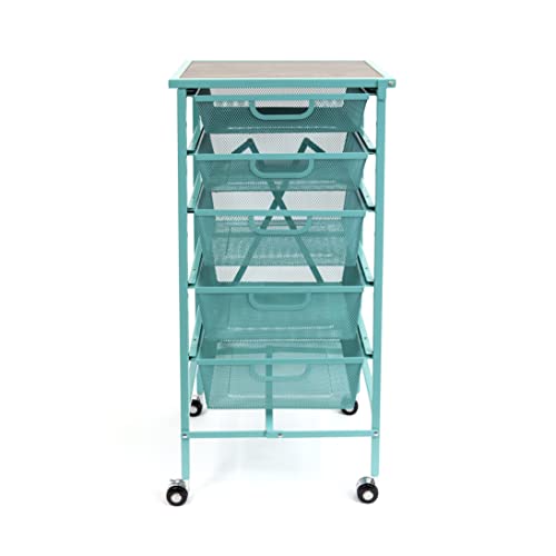 Origami 5 Drawers Storage Rolling Cart with Drawers and Wheels with Flat Wooden Top - Craft Cart Organizer with Wheels for Home Office, Classrooms, School, and More (Turquoise)