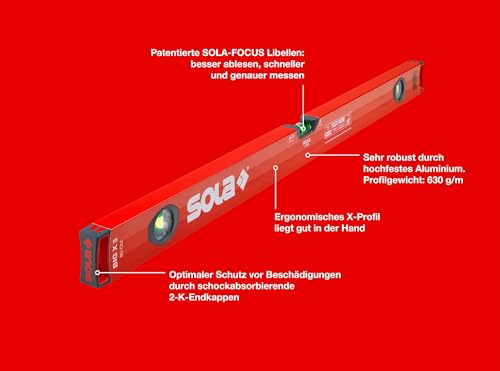 SOLA BIGX 80 - Wasserwage 80 cm - patentierte SOLA-FOCUS Libelle - mit schockabsorbierenden Endkappen