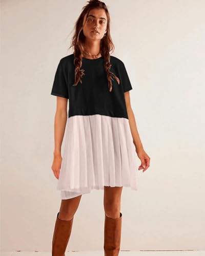 Image of SAUKOLE Womens Summer Crew Neck Short Sleeve Dress Patchwork Pleated A Line Beach Mini Dress
