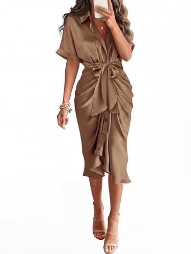 BTFBM Dresses for Women Summer Button Short Sleeve Silk Satin