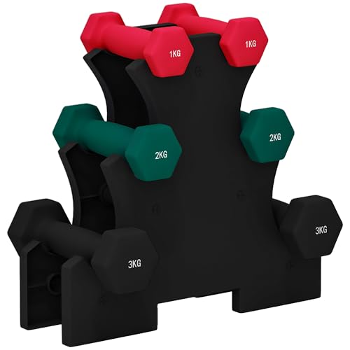 SPORTNOW Ensemble d'haltères hexagonaux courtes total 12 Kg - support d'haltères incluses - pour...
