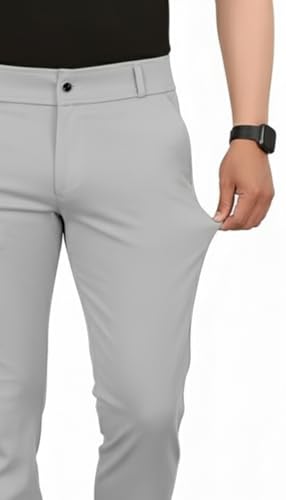 Image of Mehrang Men's Slim Fit Casual Mid Rise Trousers, Cotton Blend, Side Pockets || Classic Slim Fit Chino Pants || Business Casual Dress Trousers