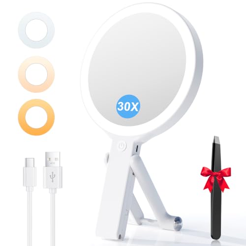 Auxmir Miroir Grossissant Lumineux Double Face 30X/1X, Miroir Maquillage Grossissant 2000mAh Rechargeable avec 3 Couleurs Éclairage, Mirroir LED Pliable avec...