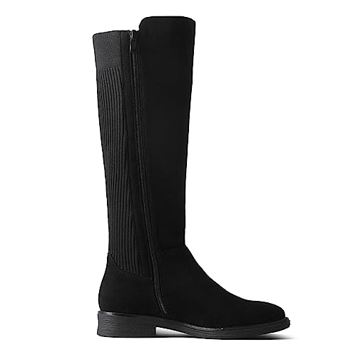 Image of Shoe'N Tale Women's Knee High Boots Flat Low Heel Stretchy Round Toe with Side Zipper