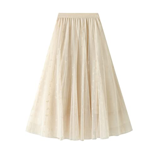 JHDESSLY Saia feminina de malha de tule com cintura elástica, casual, cintura alta, evasê, saia de f