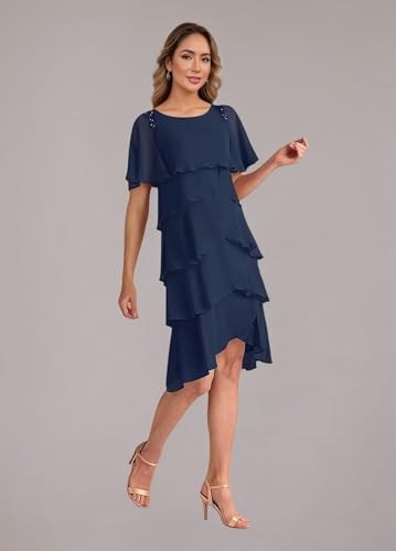 Ruffled Tiered Mother of The Bride Dresses for Women 2025 Chiffon Short Wedding Guest Dress with Sleeves3