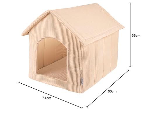 Petsona Hundehütte Rippenstrickstoff Waschbarer Bezug Reißverschlussdach, Beige,XL