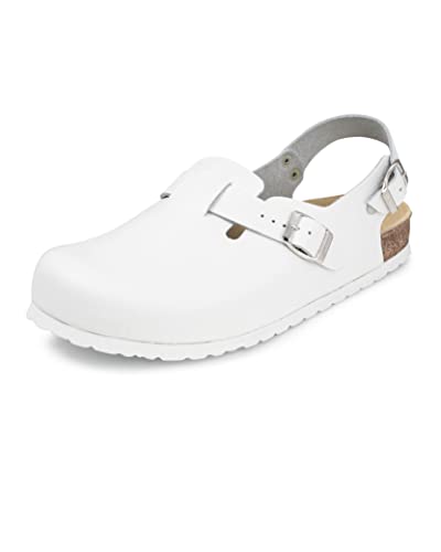 VITAFORM® Clogs für Damen und Herren mit Lederschnalle | Arbeitsschuhe aus Vollrindleder | Sicherheitsschuhe für Pflegeberufe | handgefertigt mit Fesselriemen Weiß Gr. 40 Cover