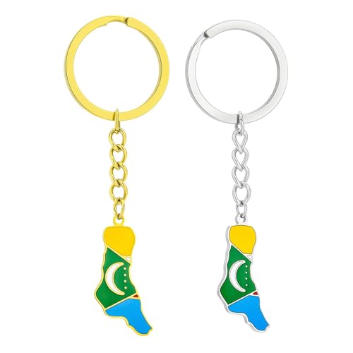 ZENRUIMING Lot de 2 porte-clés en acier inoxydable avec drapeau carte des Comores, style ethnique vintage, souvenir de voyage des Comores, Doré, argenté, 8.4cm x2.3cm(3.31'x0.91')