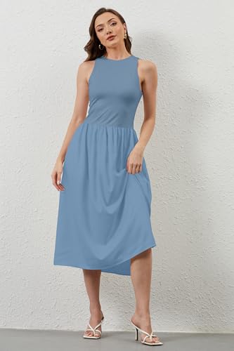 Image of TERIVEEK Women Summer Sleeveless Midi Dress Casual High Neck Patchwork Tank Sundress Boho Flowy A Line Dress with Pockets Blue