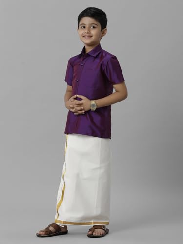 Image of RAMRAJ COTTON Boys Silk Cotton Shirt With Adjustable Cream Dhoti Perfect For Ceremonies| Festivals| And Special Occasions