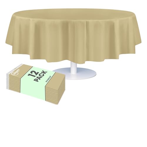 Image of Grandipity Plastic Table Cloth Disposable 12 Pack 84 inch Round Beige | Plastic table covers, durable disposable tablecloths, fade and tear-resistent table cover for party, event