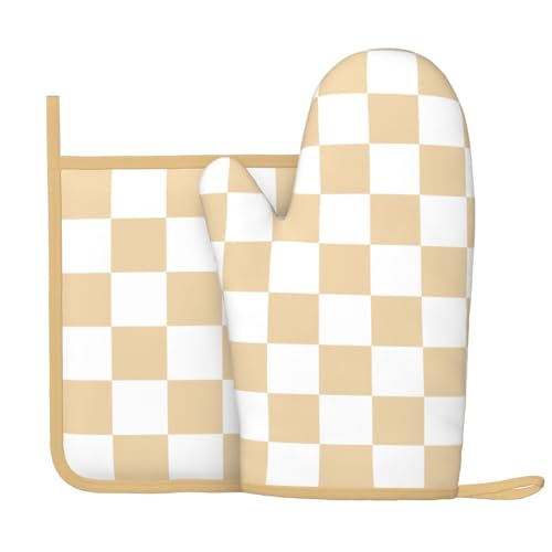 Checkered Beige Silicone Oven Mitts Pan Mats Set of 2, Heat Resistant Gloves Potholder with Non-Slip Grips Hanging Loops Pot Holder, Spring Summer for Chef Cooking, Baking, Grilling, BBQ