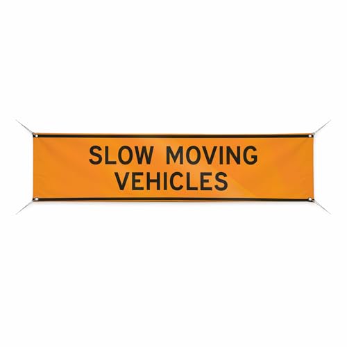 Slow Moving Vehicles Large Banners and Signs for Outdoor by BCB Print | Construction Polyester Banner with 4 Hole for Easy Hang Indoor & Outdoor | 4x1ft Banner to Promote Business | HD Made in USA