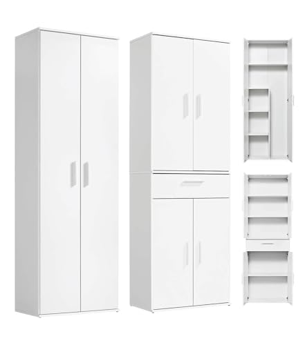 mokebo Mehrzweckschrank Set 2-teilig 'Die Allzweckwaffe', Schrank-Set mit Mehrzweckschrank & Besenschrank in Weiß, nutzbar als Aktenschränke, Büroschränke, Allzweckschränke oder Haushaltsschränke
