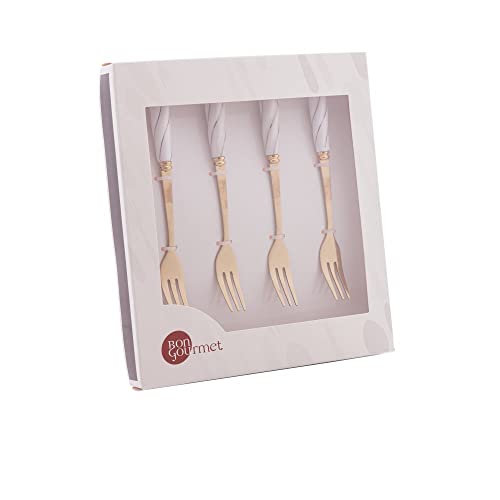 CJ 4 GARFOS AÇO INOX P/APERITIVO DOURADO C/CABO CERÂMICA BRANCO