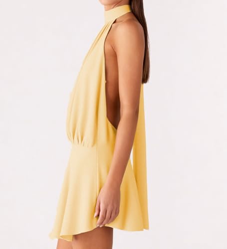 Image of Women's 2025 Summer Halter Dress Sleeveless Open Back Ruffle Tiered Layered Chiffon Pleated A Line Swing Mini Dress