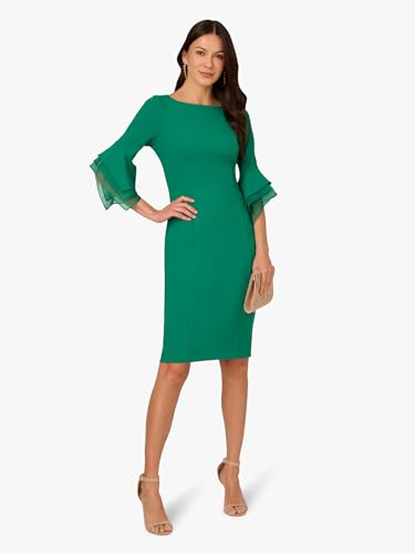 Image of Adrianna Papell Stretch Knit Crepe Sheath Dress with Tiered Organza Bell Sleeve